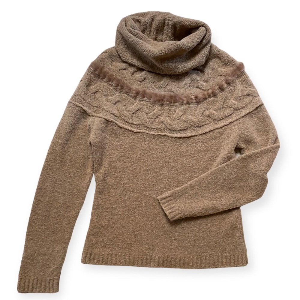 Olsen Turtleneck Sweater | Boucle braided knit | Neutral Tan Wool “Fur” Trim
